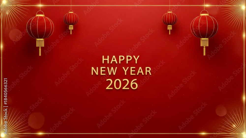 Naklejka premium Chinese New Year 2026 greeting card with red lanterns and elegant golden festive holiday design