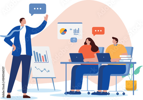 Business course and training - People sitting at desk in meeting listening to businessman lecturer talking and teaching. Flat design cartoon vector illustration with white background.