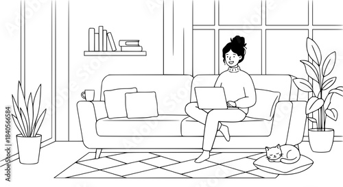 A woman is sitting on a couch with a laptop, a cat is sleeping on a cushion nearby, and plants are in the room.