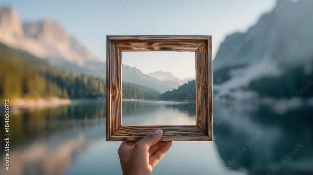 Fototapeta premium Hand holds empty frame in nature scene