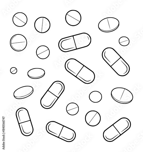 Black and white line of various capsules and tablets scattered