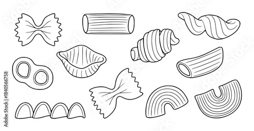 Black and white line of various pasta shapes and types farfalle penne