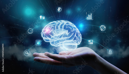 Glowing hologram of AI brain is held in hand, surrounded by various digital icons representing technology, data, and innovation. This evokes sense of futuristic intelligence and creativity