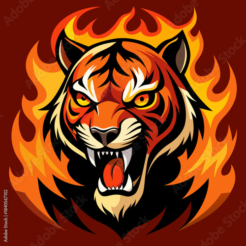 A ferocious tiger with sharp teeth surrounded by swirling fire 