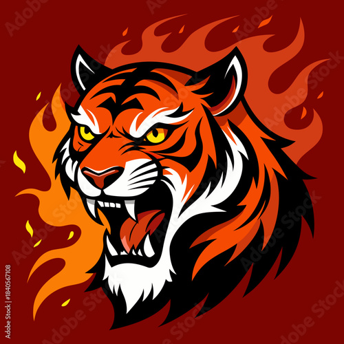 A ferocious tiger with sharp teeth surrounded by swirling fire 