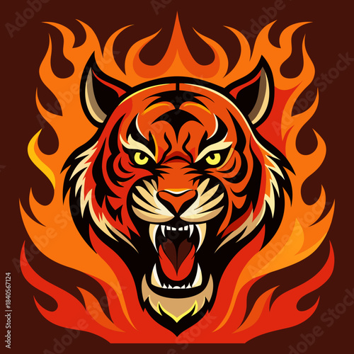 A ferocious tiger with sharp teeth surrounded by swirling fire 