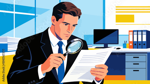 This illustration shows a business professional using a magnifying glass to analyze documents at an office desk, symbolizing detailed research, data inspection, and focused corporate analysis.