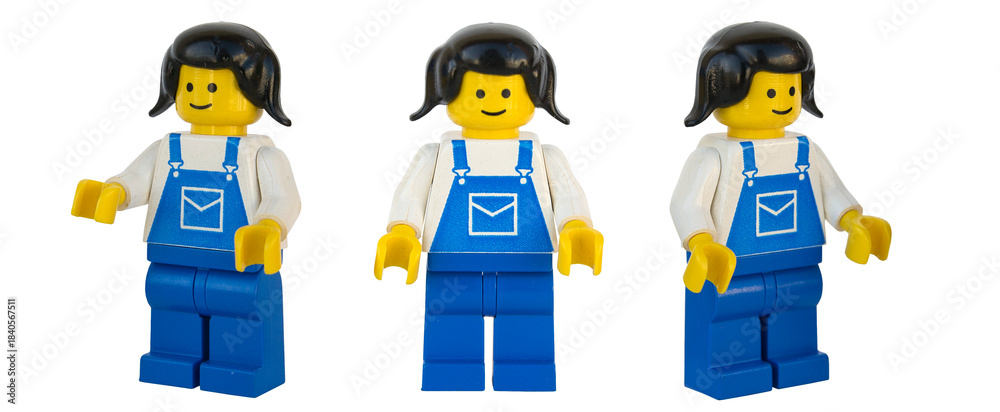 Fototapeta premium Figura de mujer cartera de LEGO oficial. Tres posturas. Imagen aislada
