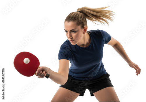 Energetic female athlete in motion playing table tennis with intense focus isolated on transparent background