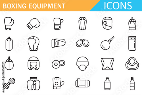 Modern boxing equipment outline icons for sports illustration projects
