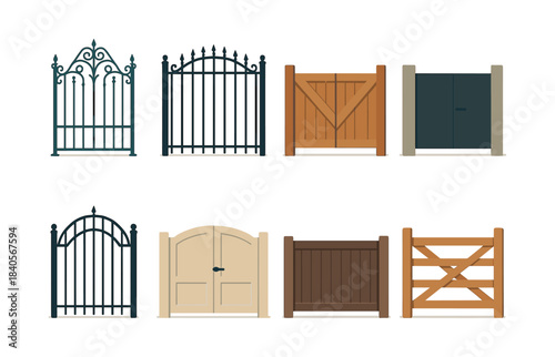 Gate styles collection, iron, wood, modern designs, flat vector illustration