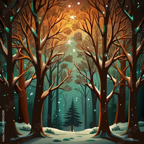 Enchanted winter forest with snowfall and glowing light