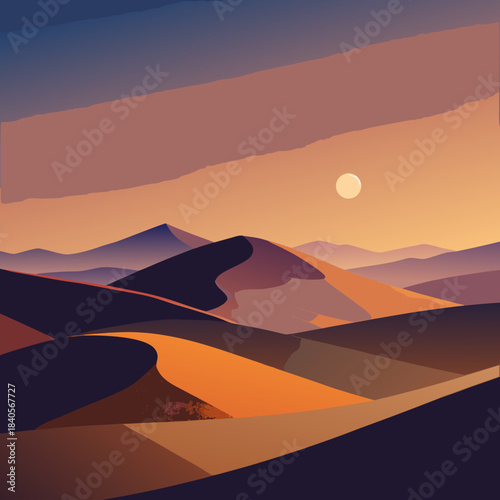 Minimalist desert dunes landscape at sunset