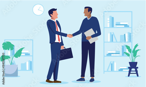 Business deal handshake - Two diverse businesspeople men, negotiating, shaking hands and being friendly over agreement and cooperation indoors in office. Flat design stock illustration