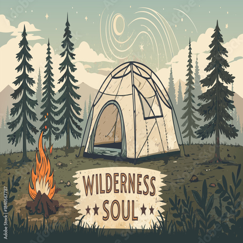 Camping tent and bonfire in wilderness soul art