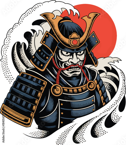 Fierce samurai warrior amidst stylized waves and a red sun