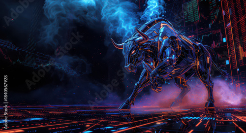 Powerful cybernetic bull stands in futuristic digital landscape, surrounded by vibrant neon colors and smoke. scene conveys strength and innovation, embodying blend of technology and nature