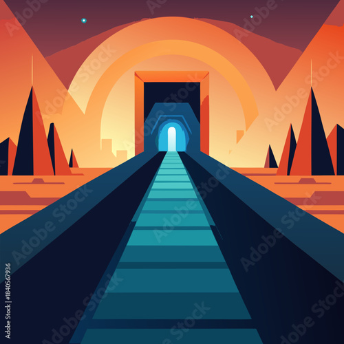 Scifi tunnel pathway leading to bright light