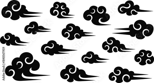 Collection of traditional Chinese cloud patterns in black silhouette style decorative vector design elements for oriental art and illustration