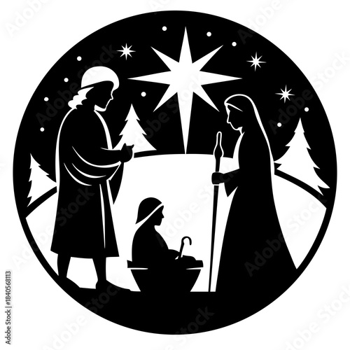 Nativity scene silhouette with star and trees