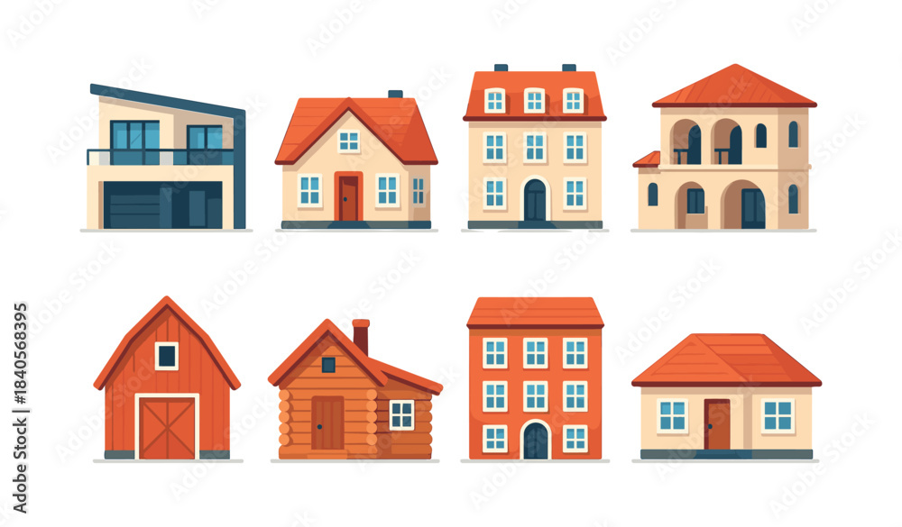 Fototapeta premium House collection, cottages, homes, buildings, flat vector illustration