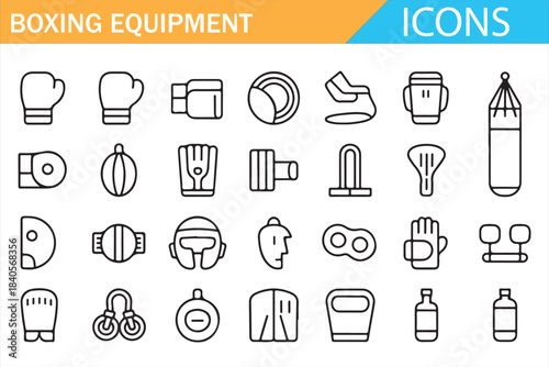 Boxing workout and training gear vector icon set for gym branding