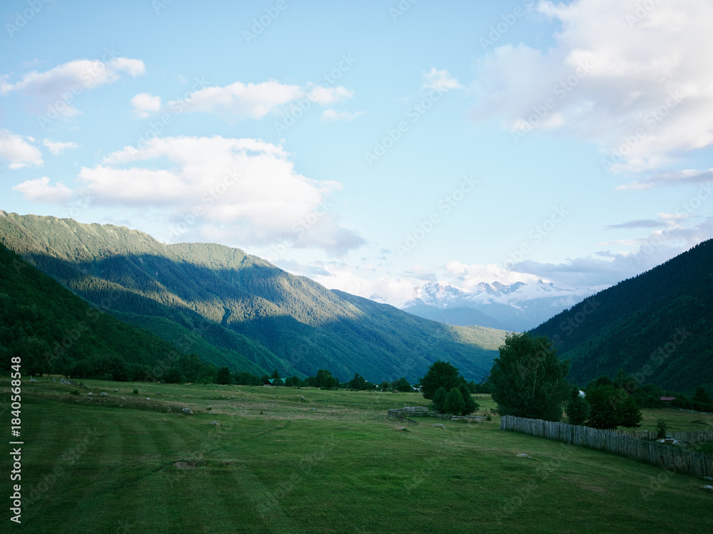 Naklejka premium Valley and mountain landscape with green fields, scattered trees, and distant snow capped peaks under a bright blue sky, exuding tranquil nature for outdoor, travel, and countryside themes
