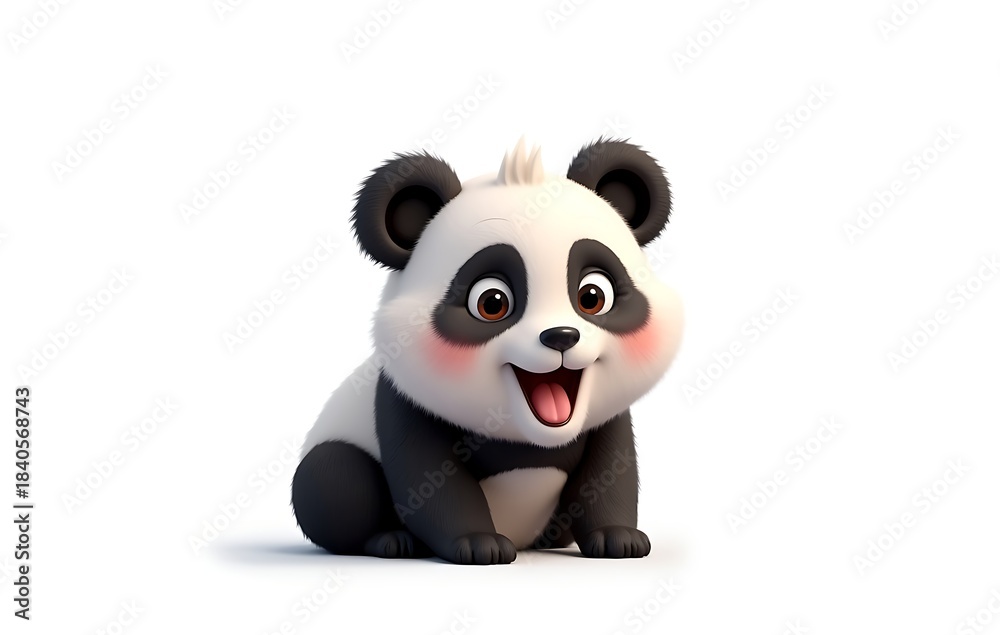 Fototapeta premium Cute expressive baby panda illustration sitting with pink blush cheeks friendly animated ears inviting sweet.