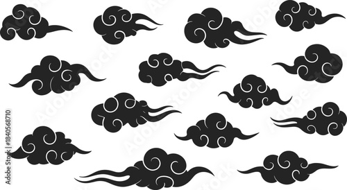 Collection of traditional Chinese cloud patterns in black silhouette style decorative vector design elements for oriental art and illustration