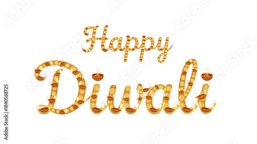 Happy diwali text with diyas and lights isolated on transparent background for festive greetings, cards, and celebrations