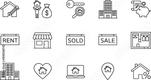 Modern real estate line icon collection featuring property search, rent and sale signs, buildings, investment symbols, and home buying concepts for professional use.