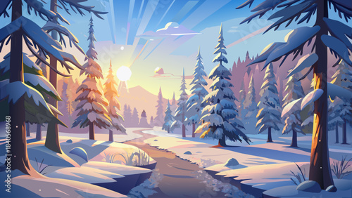 Very beautiful morning view of a snowy forest where sunlight touches frost-covered fir trees, creating a magical fairytale atmosphere across the quiet winter landscape.