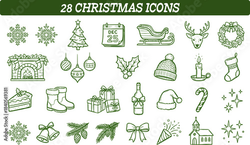 Christmas Hand Drawn Line Icons Set – Holiday, Winter, New Year Vector Collection