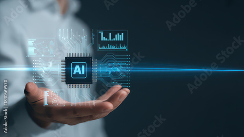Person holds floating microchip with AI graphics, symbolizing technology and innovation. image conveys sense of advancement and futuristic concepts