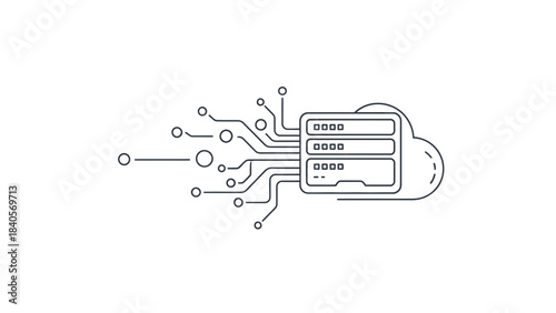 Minimalist line art icon depicting data flow from circuit board connections to a centralized cloud server rack