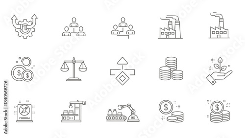 Business finance and industry line icons set representing growth strategy production and legal compliance concepts
