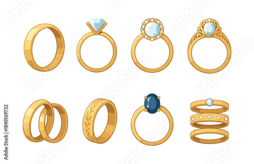 Gold ring collection, engagement, wedding, jewelry, flat vector illustration
