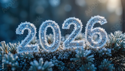 Sparkling 2026 new year crystal numbers on frosted pine branches offer a fresh start to the new year season with winter magic and hope for business.