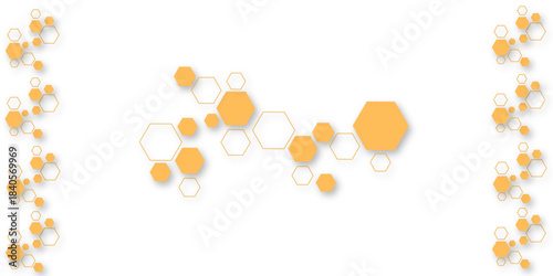 Abstract orange hexagon pattern on white background, modern geometric layout with soft shadows, perfect for technology, business, branding, web headers, corporate design, and futuristic templates.