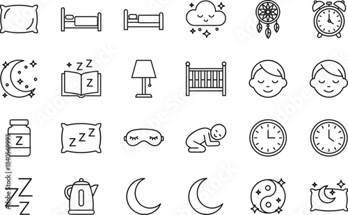 Sleep and relaxation vector icon set featuring pillows, beds, moon, stars, dream symbols, bedtime objects, peaceful rest elements and night routine graphics.