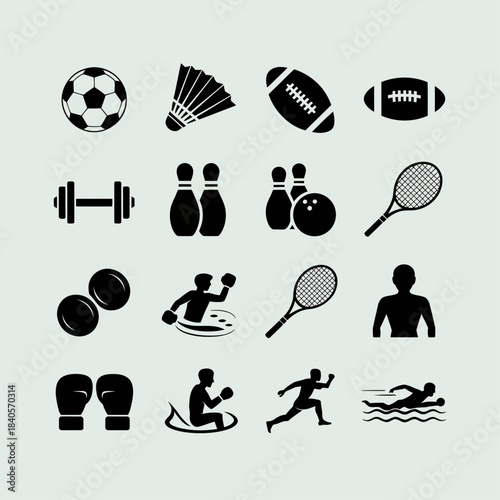 Set of bold black sports icons featuring various athletic equipment and activities, representing diverse fitness, training, and recreational sports.
