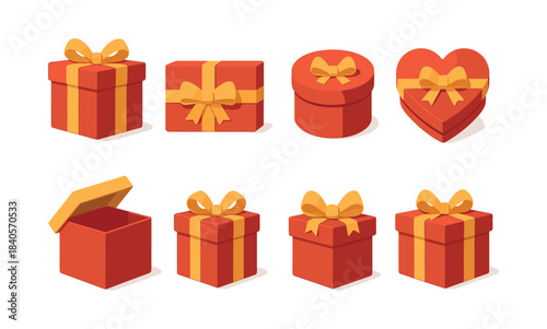 Gift box set, ribbon, heart shape, flat vector illustration