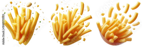 Three illustrations of french fries with scattered pieces on a transparent background