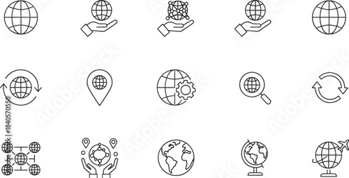 Vector illustration collection of global network symbols, world map icons, international connectivity elements, location navigation signs, and worldwide communication concepts for modern design.