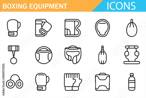 Boxing equipment icon set with gloves helmet and training gear in outline style