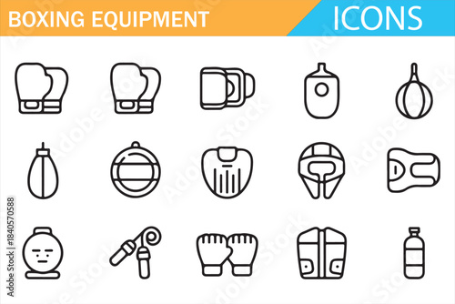Boxing equipment icon set with gloves helmet punching bag shoes and training gear in modern outline vector style isolated on white background for sport design and fitness branding