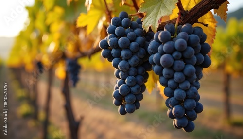 Dark ripe grapes hang on vine branches in vineyard. Rows of grapevines stretch into distance. Winery produce in autumn season. Fresh fruit for wine.