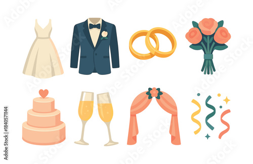 Wedding essentials vector illustration, flat vector style, bridal elements, celebration