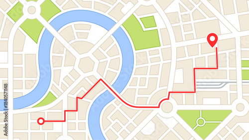 City map navigation. GPS navigator interface. Red Route from start to Destination. Top view map visualization. Abstract background. Cute simple design. Flat style vector illustration