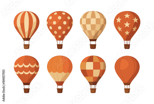 Hot air balloons, various patterns, flat vector illustration for aviation design